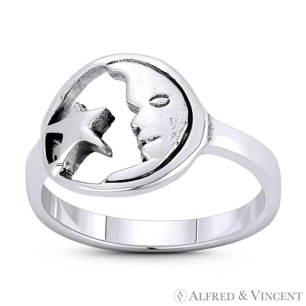 Waxing Crescent Moon Face & Star Lunar Charm Ring in .925 Sterling Silver Sz.8